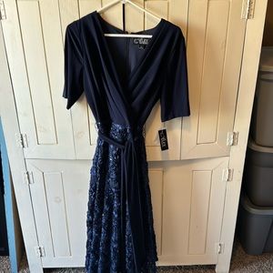 Alex Evenings Women's Tea Length Dress with Rosette Detail,Size 12, Navy blue.
